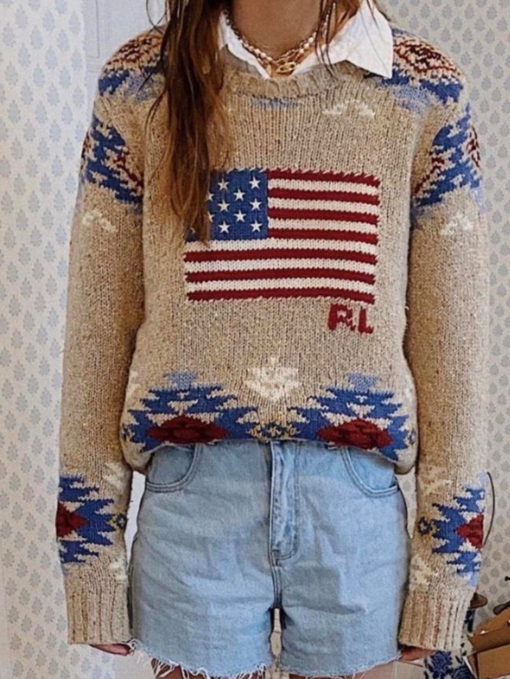 NWT RALPH LAUREN Beige American Flag Pattern Sweater Size Large - Picture 3 of 3